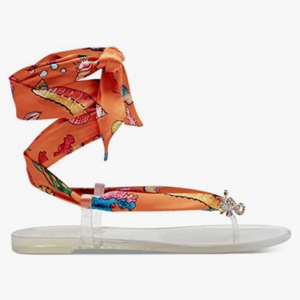 INC MALANA Orange seahorse jelly Sandals rhinestones thong jellies scarf - Picture 2 of 8